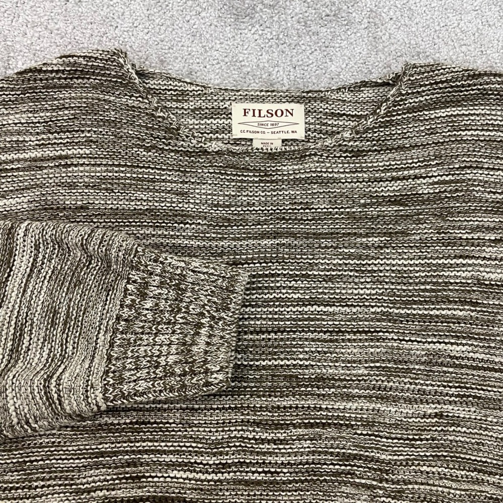 Filson Sweater Womens XL Cream Olive Melange Cotton Garter Stitch Knit Oatmeal